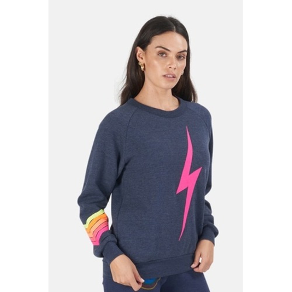 Aviator Nation Lightning Bolt Rainbow Sleeve Pullover Sweatshirt Navy Lounge XS - Picture 3 of 11